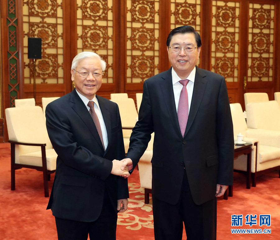 1月13日，中共中央政治局常委、全國人大常委會委員長張德江在北京人民大會堂會見越共中央總書記阮富仲。 新華社記者 劉衛(wèi)兵 攝